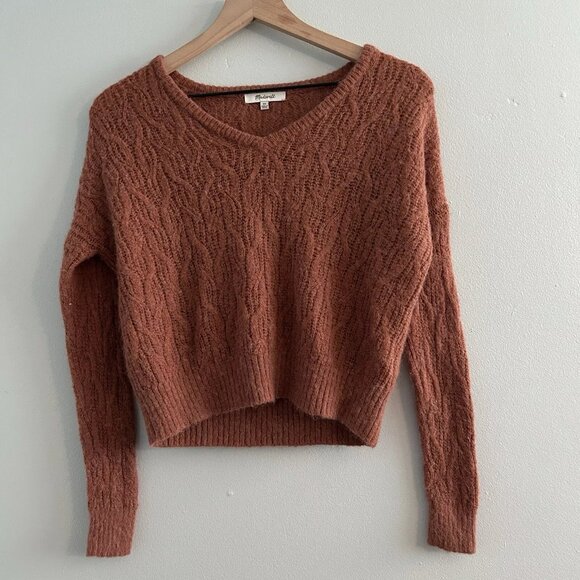 Madewell Alna V-Neck Sweater Womens Medium Orange Alpaca Blend Cable Knit Crop - Picture 1 of 6